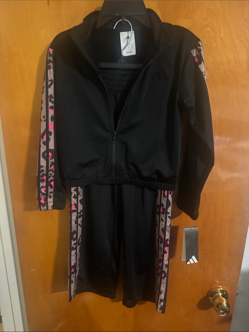 Adidas Track Jacket Joggers Set Girls Plus 6X Black Leopard Trim Small